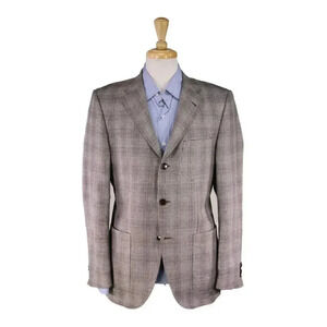 Emidio Tucci Brown/White Plaid Wool-Silk-Linen Patch Pocket Sportcoat Blazer 40R